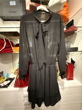 Cartier Sheer Black Long-Sleeve Tie-Neck Dress